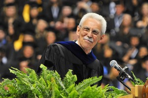 <p>Professor Michael Turvey gives the address during the CLAS Commencement ceremony at Gampel Pavilion. Photo by Peter Morenus</p>