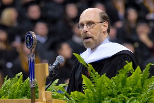 <p>Honorary degree recipient Wendell Minor speaks at the CLAS Graduation Ceremony at Gampel Pavilion, May 9th, 2010. Photo by Lauren Cunningham</p>