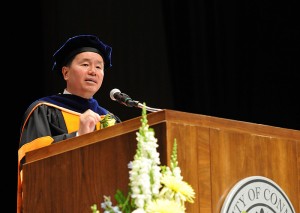 <p>Mun Y. Choi, Dean, speaks at the School Of Engineering Graduation ceremony at the Jorgensen Center for Performing Arts. Photo by Jessica Tommaselli </p>