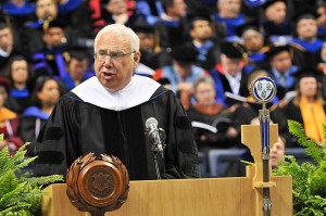 <p>Scott Cowen '68, president of Tulane University, gives the address at the Graduate Commencement ceremony at Gampel Pavilion. Photo by Peter Morenus</p>