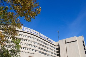 <p>A view of the exterior of the UConn Health Center. Photo by Peter Morenus</p>