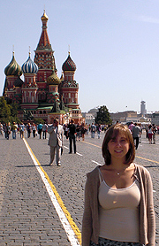 <p>Helen Zincavage stands in Moscow's Red Square, in front of St. Basil's Cathedral.</p>