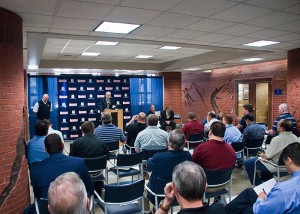 <p>UConn officials discuss NCAA allegations related to the men’s basketball program at a May 28 press conference.</p>