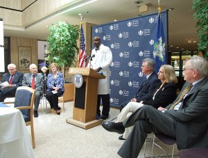 <p>Health Center Vice President for Health Affairs and Dean of the UConn Medical School Dr. Cato T. Laurencin speaks at the signing ceremony. Photo by Chris DeFrancesco</p>