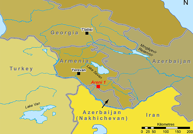 <p>A map showing Armenia and the location of the Areni-1 archaeological dig. Map supplied by University College Cork</p>