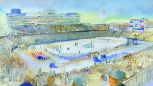 <p>An artist's rendering of Rentschler Field set up to host a hockey game. Rendering courtesy of Whalers Sports and Entertainment</p>