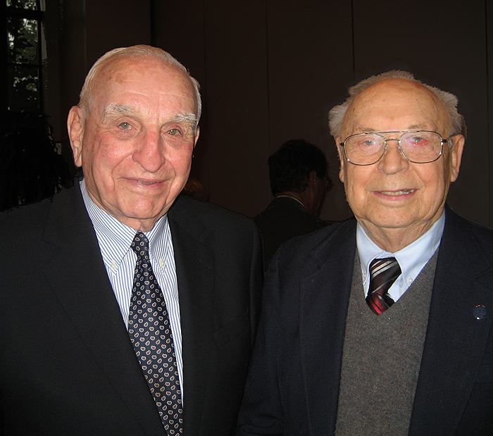 <p>Charles J. Zwick '50, '51, left, with his UConn roommate from 60 years ago, Bernard Dzielinski '50, '52, at the UConn Foundation Tuesday to mark Zwick's $1 million gift to the College of Agriculture and Natural Resources.   </p>