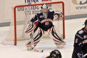 <p>Junior goaltender Alexandra Garcia helped hold last season's opponents to a Hockey East conference low g.a.a. of 1.49. Photo by Tom Maguire.</p>