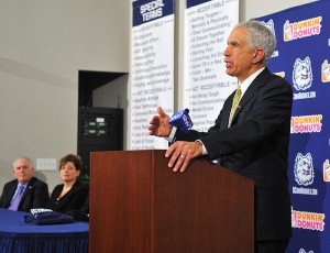 <p>Paul Pasqualoni speaks at a press conference held at the Burton Family Football Complex to announce his appointment as the head football coach. Photo by Peter Morenus   </p>
