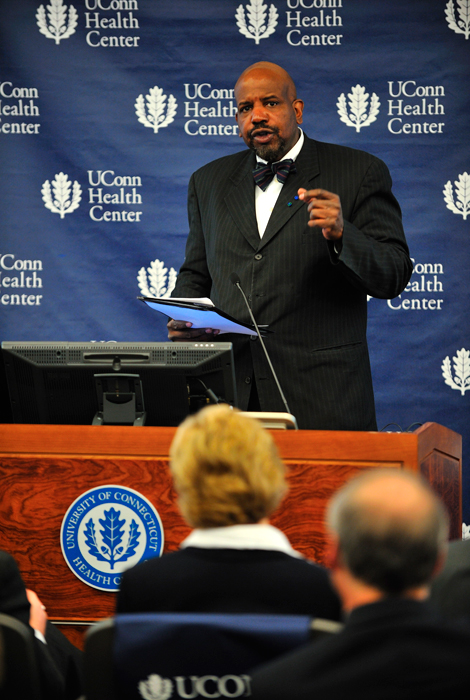 <p>Cato Laurencin, vice president for health affairs and dean of the School of Medicine, speaks at a ceremony held in the Edmund and Arlene Grossman Auditorium for the dedication of the Cell and Genome Science Building at the UConn Health Center. Photo by Peter Morenus.</p>