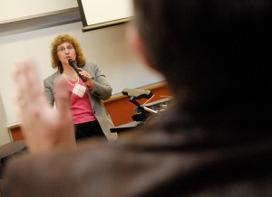 <p>Sharon Nunes, IBM VP and UConn alum, speaks with UConn students and staff to answer questions about "Watson," a supercomputer with the ability to play Jeopardy. Photo by Lauren Cunningham</p>