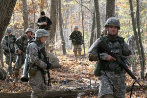 <p>Cadets on patrol at a field exercise in Niantic. Photo by Cadet Emily Hein</p>