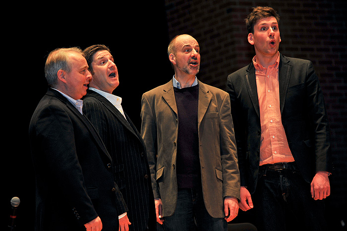<p>Showing off their versatility, Hurley, Phoenix, Lawson and Howard demonstrated four part harmony as they performed Harry Connick, Jr’s “Recipe for Love”.  The King's Singers was originally formed in 1968 by six choral scholars at King’s College in Cambridge, England.  Even though the group is steeped in British choral tradition, the original members freely admitted they were positively influenced by the harmony of American pop singing groups in the late 60s.  Photo by Lauren Cunningham</p>