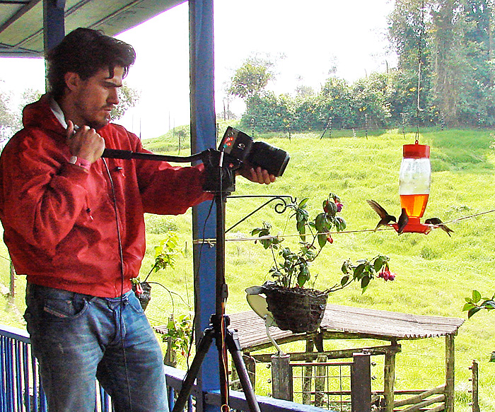 <p>Alejandro Rico Guevara films hummingbirds visiting a feeder during his research in the Andes Mountains in Columbia. Photo courtesy of Alejandro Rico Guevara</p>