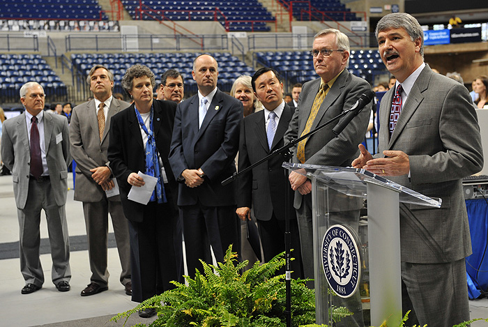 <p>A press conference held at Gampel Pavilion to announce a proposed technology park. RIGHT TO LEFT -- Senate President pro tempore Donald WIlliams, President Philip Austin, Mun Y. Choi, dean of Engineering, Catherine Smith, commissioner of the Department of Economic and Community Development, Rep Greg Haddad, Sen. Gary Lebeau, Sen. Beth Bye,  C, Mike Brown vice president of government affairs at UTC Power, and Howard Orr, president of KTI  Inc. of East Windsor. Photo by Peter Morenus</p>