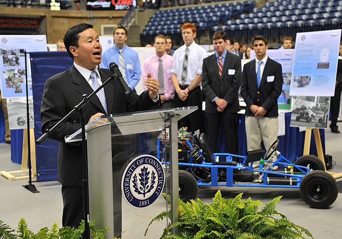 <p>Mun Y. Choi, dean of Engineering speaks at a press conference held at Gampel Pavilion to announce a proposed technology park. Photo by Peter Morenus</p>