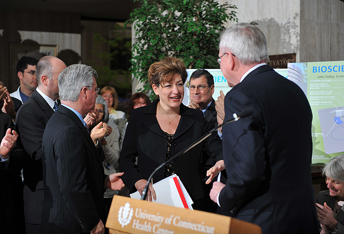 <p>President designate Susan Herbst is introduced at a press conference held at the UConn Health Center to announce Bioscience Connecticut on May 17, 2011. Photo by Peter Morenus</p>
