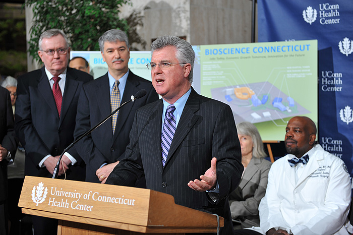 <p>House Majority Leader Christopher Donovan, (D-Meriden) speaks at a press conference held at the UConn Health Center to announce Bioscience Connecticut on May 17, 2011. Photo by Peter Morenus</p>