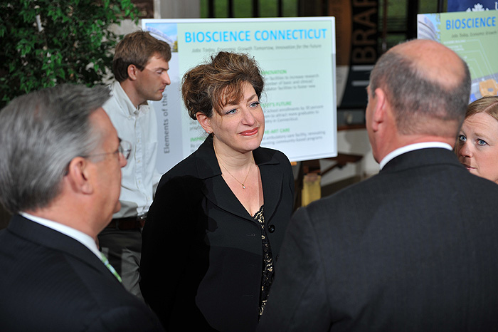 <p>President designate Susan Herbst speaks with legislators after a a press conference held at the UConn Health Center to announce Bioscience Connecticut on May 17, 2011. Photo by Peter Morenus</p>
