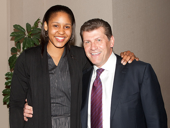 <p>Maya Moore and Gino Auriemma at the Counseling Program for Intercollegiate Athletics (CPIA) dinner where Moore received the Donald Kinsman Award which is presented to student-athletes who have demonstrated outstanding academic achievement during their time at UConn. Kinsman is the former director of CPIA. Photo provided by Athletic Communications</p>