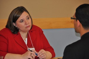 <p>HESA faculty member Junnifer Lease Butts interviews a prospective student. Photo by Shawn Kornegay</p>