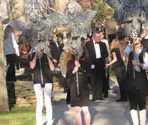 <p>Giant puppets led the parade, from the patio of the Benton to the steps of Jorgensen </p>