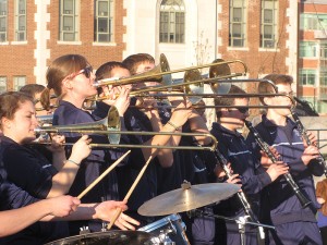 <p>The Pep Band was stationed at the corner of Glenbrook and Hillside Roads … playing a rousing rendition of the UConn fight song.</p>