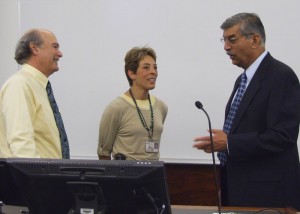 (left to right) Drs. Marc Lalande, Ann Milanese, and Suman Singha, vice president for research at UConn who served as master of ceremonies for Collaborative Research Day.