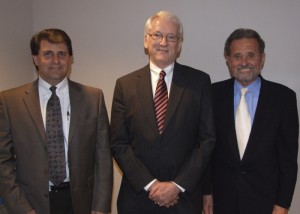 Dr. Thomas Agresta, Department of Family Medicine director of biomedical informatics (left), and Dr. William Knaus, CICATS director of biomedical informatics (right), brought Dr. Ted Shortliffe, informatics expert (center), to Connecticut to speak at seminars in Farmington and Storrs. (Chris DeFrancesco/UConn Health Center Photo)