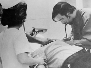 A nurse and a doctor with Raymond Vail, the Health Center's first patient. (UConn Health Center Archive)