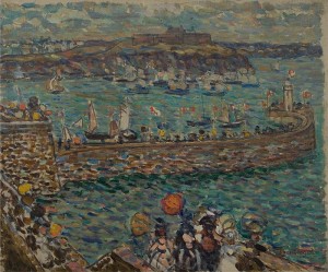 Lighthouse at St. Malo, 1909, oil on canvas by American artist Maurice Prendergast. The elements of abstraction and chromatic fragmentation in Prendergast's paintings have inspired comparisons to mosaics, tapestries, cloisonne work, and Neo-Impressionism.