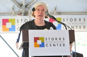 Manfield Mayor Betsy Patterson speaks at the groundbreaking ceremony for the new Storrs Center, on June 29, 2011.