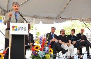 Don Williams, state senate president pro tempore speaks at the groundbreaking ceremony for the new Storrs Center, on June 29, 2011. Seated from the left are Governor Dannel Malloy, Mayor Betsy Paterson of Mansfield, President Susan Herbst and U.S. Rep. Joe Courtney.