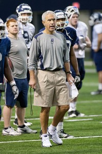 Head Football Coach Paul Pasqualoni leads his team in spring practice.