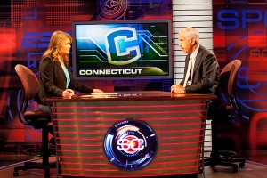 Head football coach Paul Pasqualoni spent time at ESPN studios talking about his plans for a successful 2011 season. Among the anchors he was interviewed by was Michelle Bonner for her show, Sports Center.