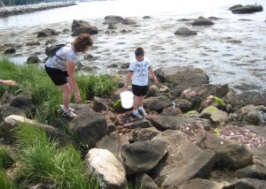 Kimberly Figiela and her son Eddie, age 9, of Coventry, explore the rocky shoreline of Long Island Sound from UConn's Avery Point Campus.