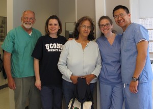 (left to right) Dr. Thomas Taylor; Dr. Marina Funtik, prosthodontics resident; Alaskan patient; Dr . Bridget Willet, prosthodontics resident; Dr. Yu Zheng, prosthodontics resident at the outreach trip in Sitka, Alaska, on June 17, 2011. (Photo provided by Dr. Thomas Taylor)