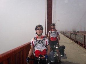 James Alex (front) and Tom Williams peer through the fog on the Golden Gate Bridge. The Coast to Coast for a Cure cross-country ride traditionally starts in San Francisco. (Photos from the Coast to Coast for a Cure 2011 Blog)