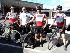 "Larry" (second from left), owner of RideOut Technologies in Marsing, Idaho, befriended the riders. He rode his motorcycle more than 350 miles to meet them in Jackson, Wyoming, to deliver a replacement bicycle seat.  (Photos from the Coast to Coast for a Cure 2011 Blog)