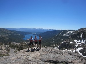 From left: Greg Hebert, James Alex and Tom Williams can see snow in June from the peak of Donner Pass in Nevada County, California. (Photos from the Coast to Coast for a Cure 2011 Blog)
