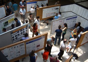 Poster presentations displayed in the academic lobby for Graduate Student Research Day on June 9, 2011. (Photo provided by Stephanie Rauch)