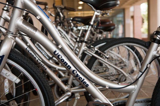 UConn bicycles are available for loan outside Homer Babbidge Library. (Sean Flynn/UConn Photo)