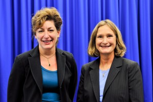 President Susan Herbst, left, and Mary Holz-Clause, vice president for economic development.