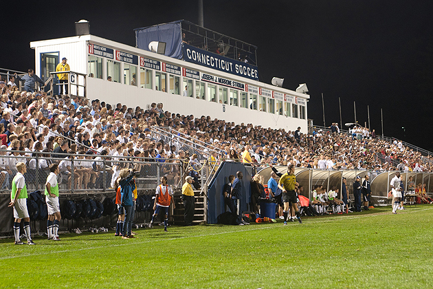 A sell-out crowd of more than 5,000 fans supported the Huskies men's soccer team  at Joseph J. Morrone Stadium in the Big East Conference opener in 2010. (Stephen Slade for UConn/File Photo)