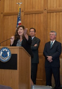 UConn President Susan Herbst speaks to reporters at a press conference announcing the Jackson Laboratory partnership, anchoring the Bioscience Connecticut Òresearch triangleÓ between Storrs, Farmington, New Haven and points in between on September 30, 2011. (Tina Encarnacion/UConn Health Center Photo)