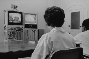 Physicians at University-McCook Hospital see and hear colleagues at U.S.Veterans Administration Hospital in Newington via the first two-way, hospital-to-hospital, closed circuit TV link in the state. (UConn Health Center Archives)