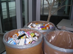 It took three barrels to hold the medications that were not controlled substances, narcotics or inhalers. (Pam Bali-Hoppi/UConn Health Center Photo) 