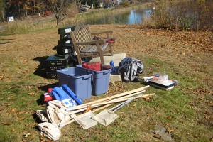 Fishing waders, life vest, collection pans, and nets are some of the gear used in limnology, the study of inland waters.