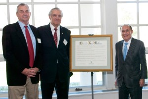 From left, Jim Calhoun, Dr. Peter Deckers, and UConn Foundation board chairman Mark Shenkman. (UConn Foundation Photo) 