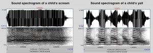 Sound spectrogram of a child's scream, left, and a yell.